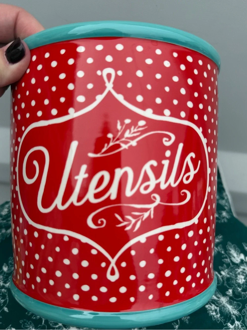 The Pioneer Woman Red Polka Dot Utensil Crock with Teal Trim